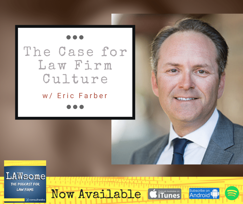 Podcast episode graphic on law firm culture with eric farber, available on major platforms.