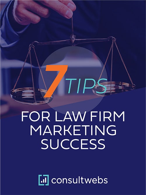 7 essential law firm marketing strategies highlighted in a sleek, professional graphic by consultwebs.