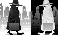 Monochrome noir detectives meet in a stylized cityscape, evoking a classic cinematic mystery.