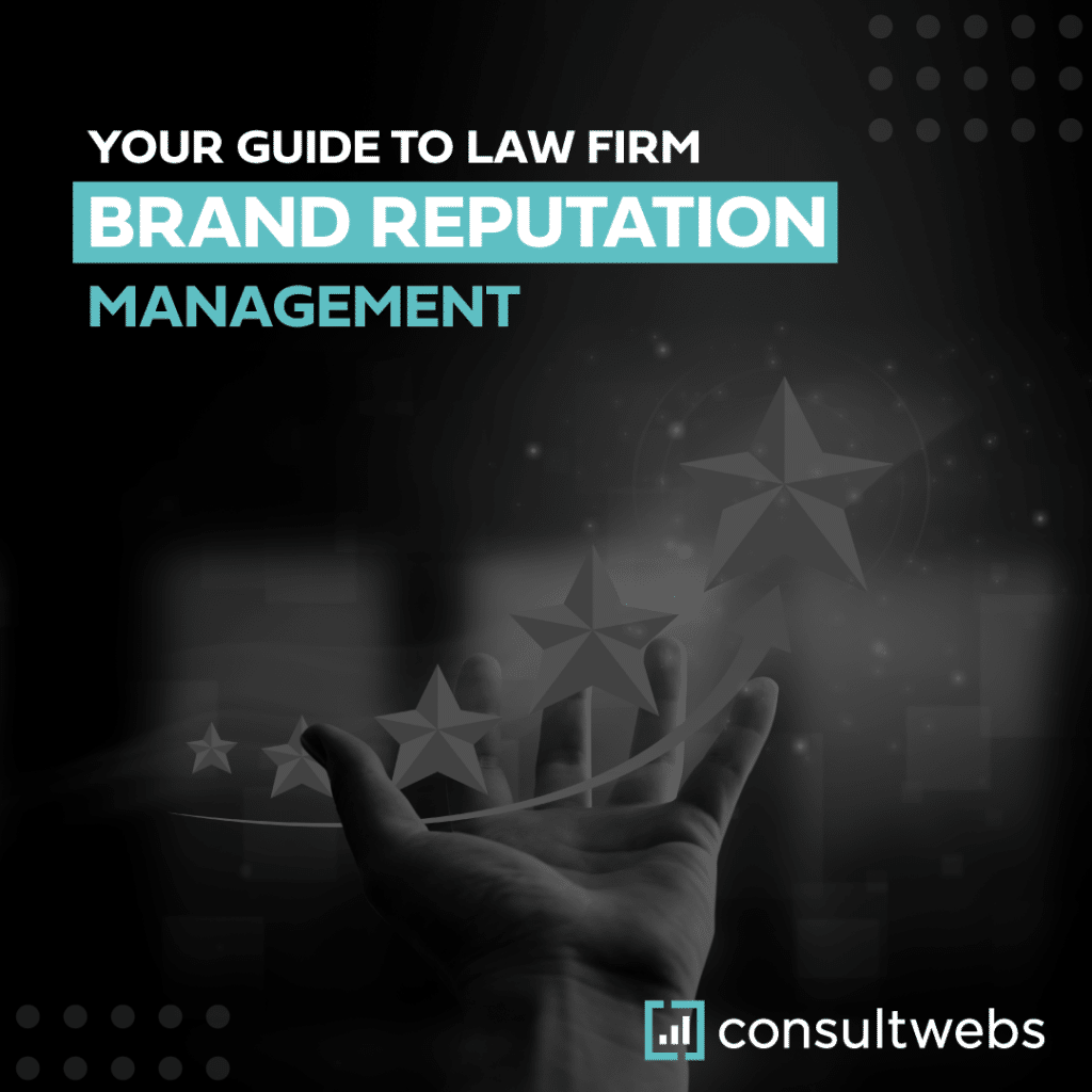 Guide to managing law firm brands with glowing stars and hand graphic.