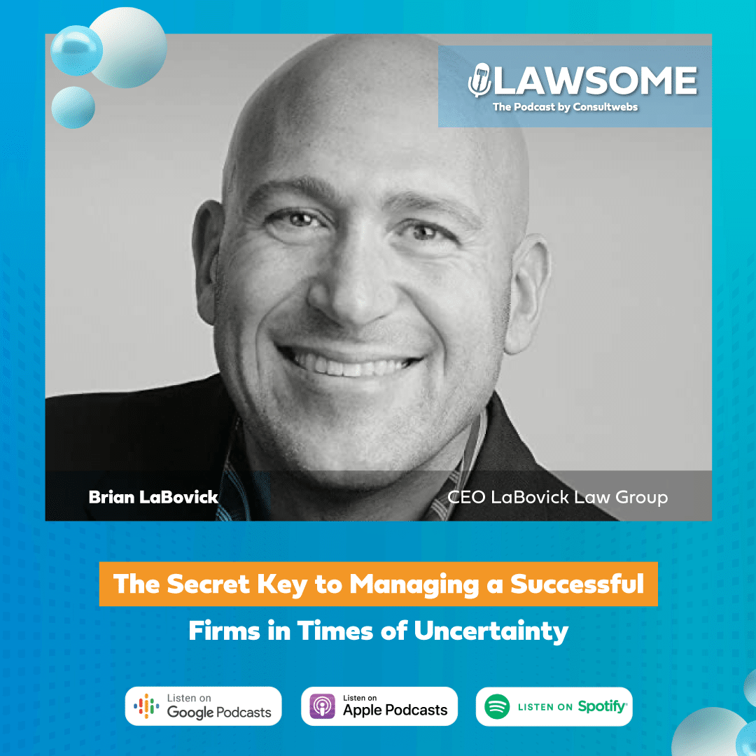 Lawsome podcast episode with brian labovick on leading law firms, available on major platforms.
