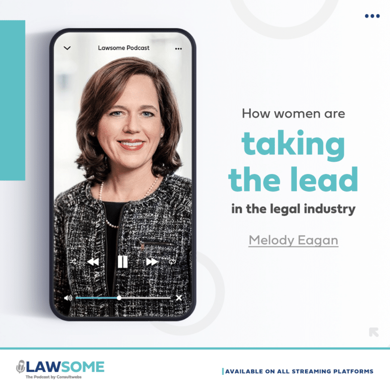 Lawsome podcast ad featuring melody eagan discussing womens leadership in law on a smartphone display.