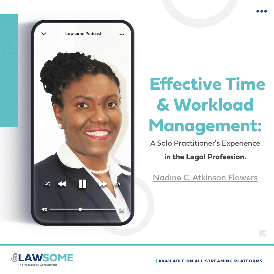 Podcast graphic on effective legal time management by solo practitioner nadine c. Atkinson flowers.