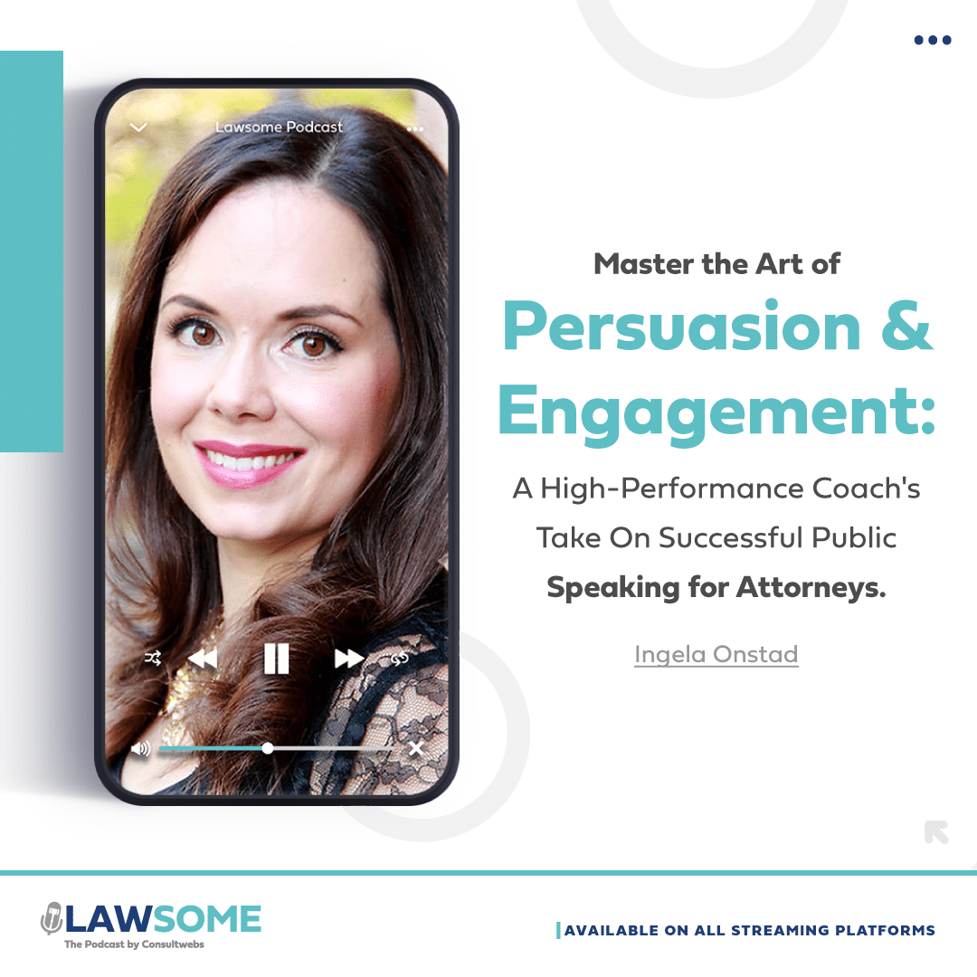 Podcast graphic on legal persuasion tips, featuring expert advice for attorneys, available on all platforms.