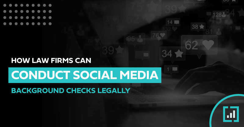 Guide on legal social media background checks for law firms, with data analytics icon.