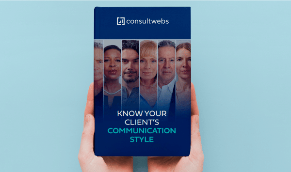 Person holding phone with Consultwebs ad on client communication styles, showcasing diverse professionals.