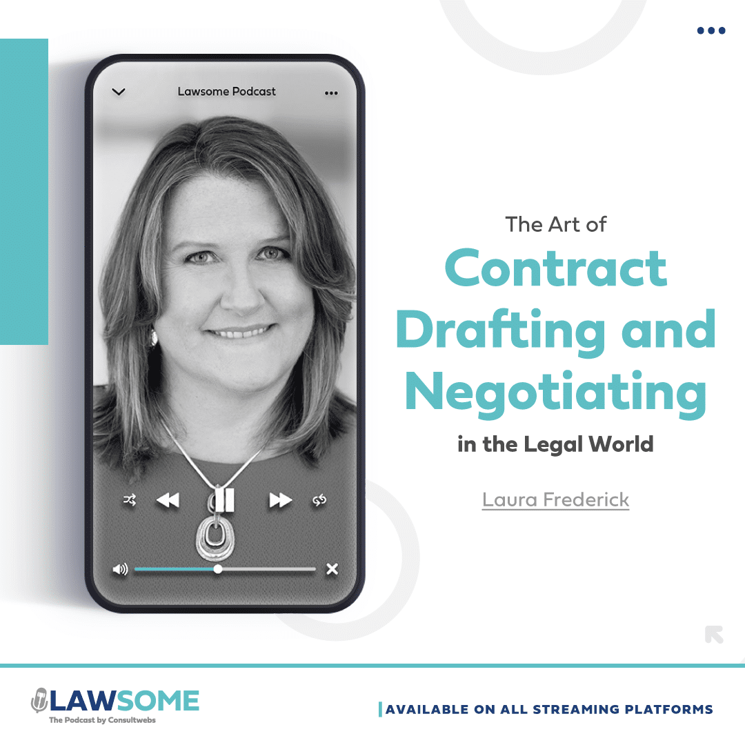 Mastering legal contracts podcast with laura frederick on a smartphone display.