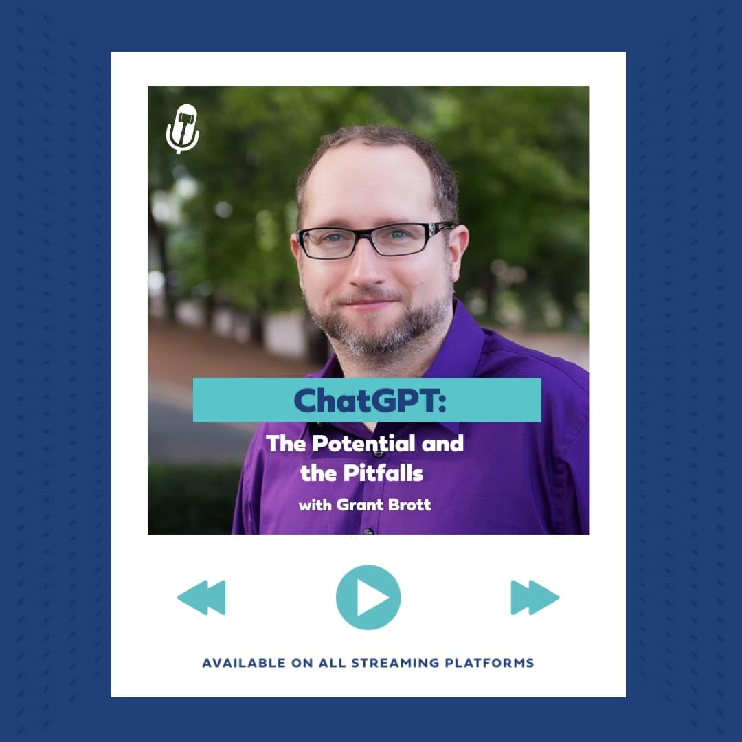 Podcast promo featuring grant brott discussing chatgpt, available on all streaming platforms.