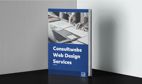 Consultwebs brochure on web design services, featuring modern design with blue accents on a dark background.