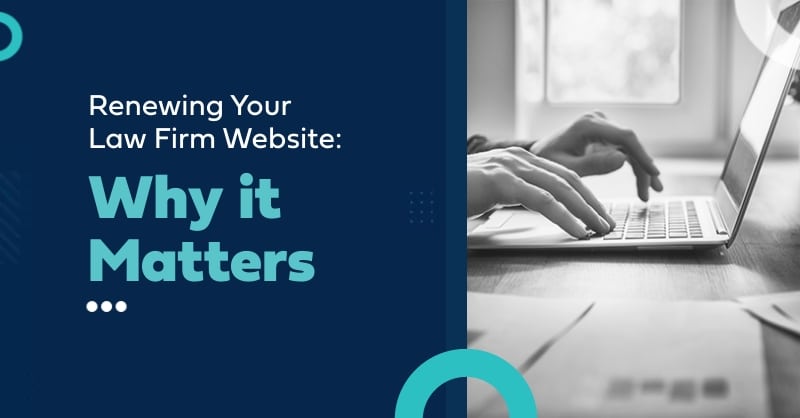 Guide to updating law firm websites, featuring text and a person typing on a laptop.
