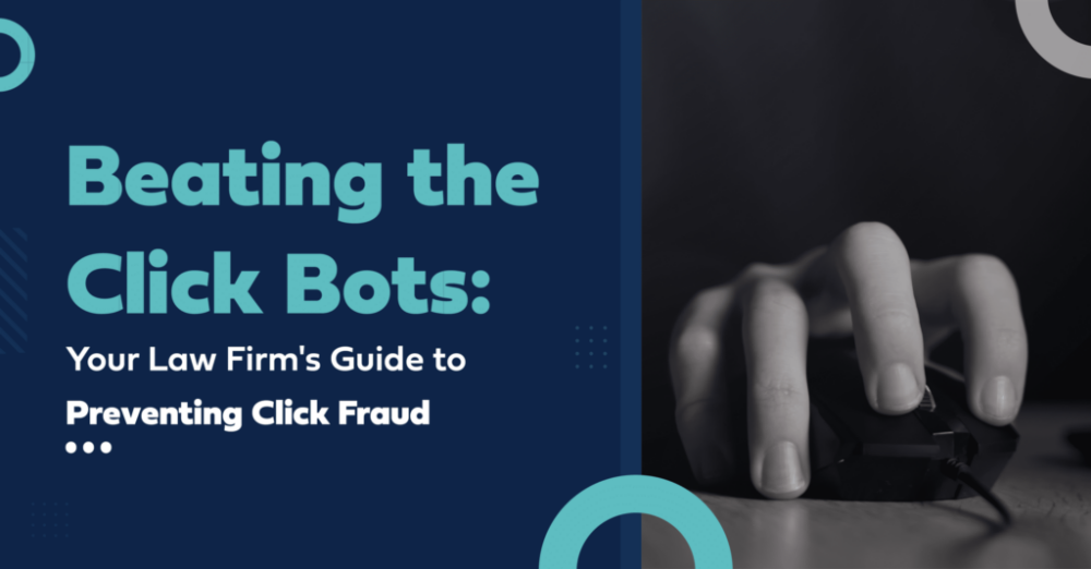 Promotional graphic illustrating click fraud prevention tips for law firms with hand clicking a mouse.