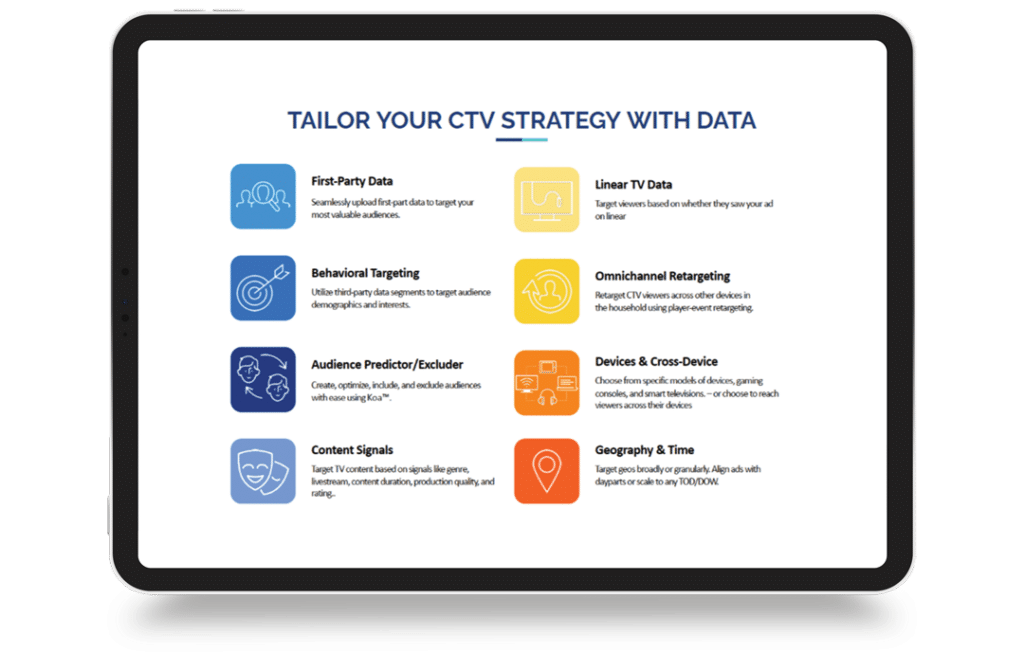 CTV strategy slide on laptop shows data-driven targeting techniques with icons.