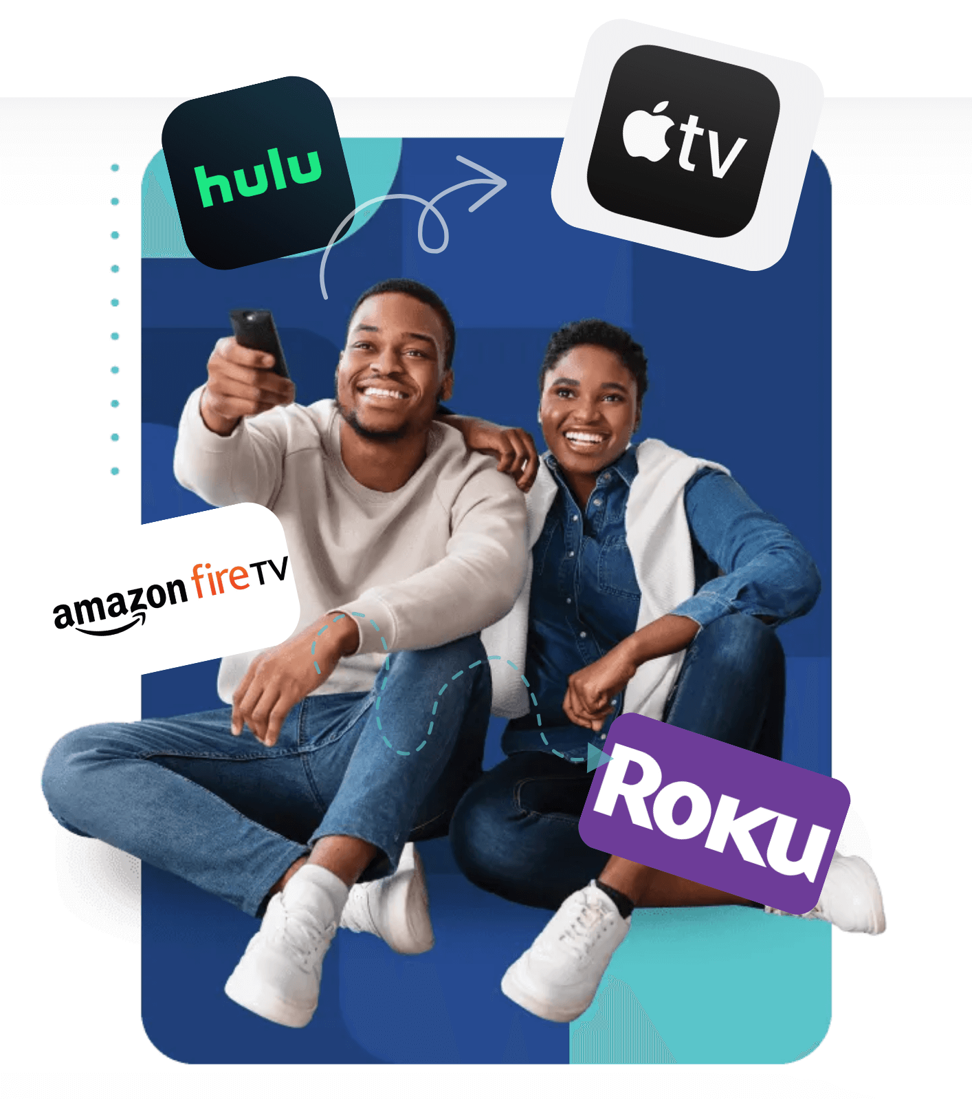 Two friends relax with remote, surrounded by streaming service icons like Hulu and Roku.