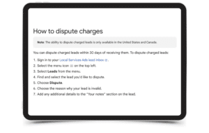 Guide on disputing charges via local services ads on a modern tablet display.