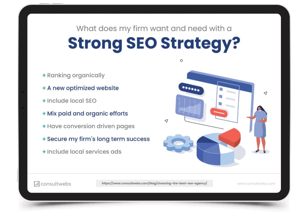 Tablet showing SEO strategy presentation with key points and related graphics.