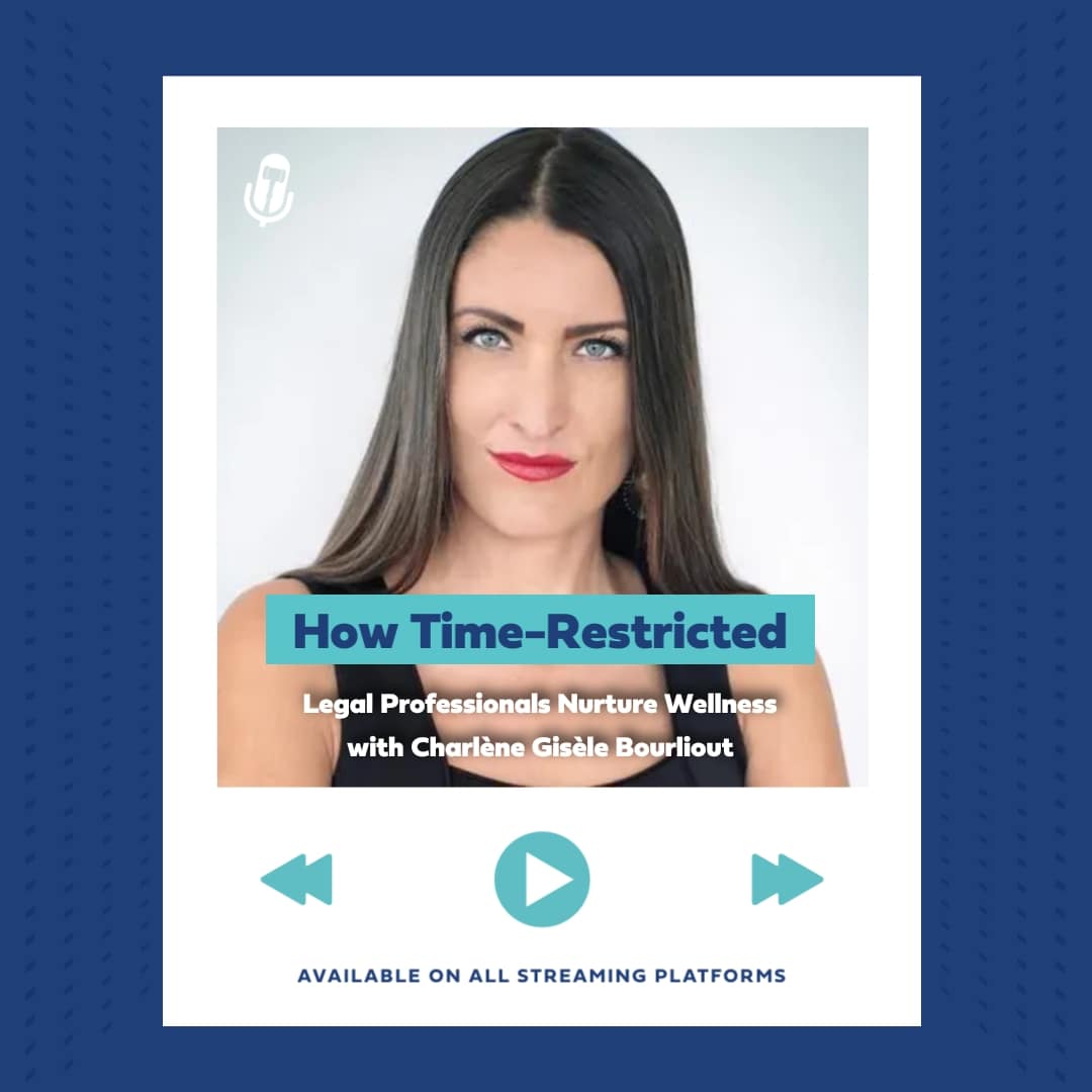 Podcast promo featuring woman discussing legal wellness impacts, available on streaming platforms.